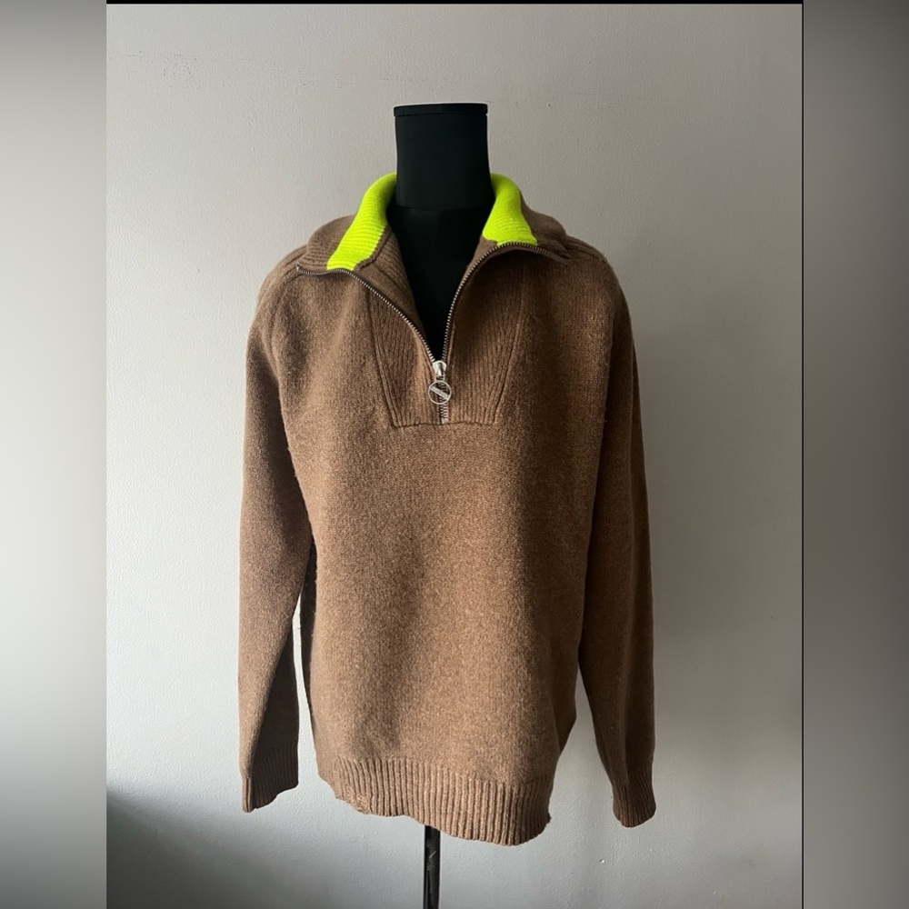 BNWT Diesel Mens Wool Quarter Zip Sweater Tan Brown Neon Sz Large Distressed
